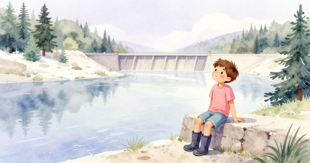 Jasper工作後靜坐休憩，望著新築堰壩上柔和的水面與午後陰影，神情滿足寧靜，充滿溫馨平和感。