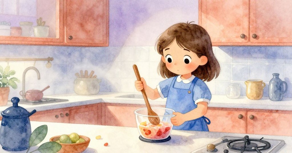 皮婭在晨霧瀰漫的廚房中用長木匙攪拌果醬，窗外晨光柔和，表情專注展開全新製作旅程。