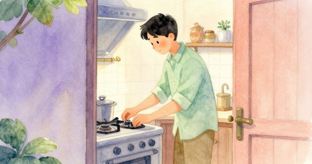 菲力克斯從廚房門縫中現身，細心調整火爐的開關，神情專注且平靜，見證著果醬製作的關鍵時刻。