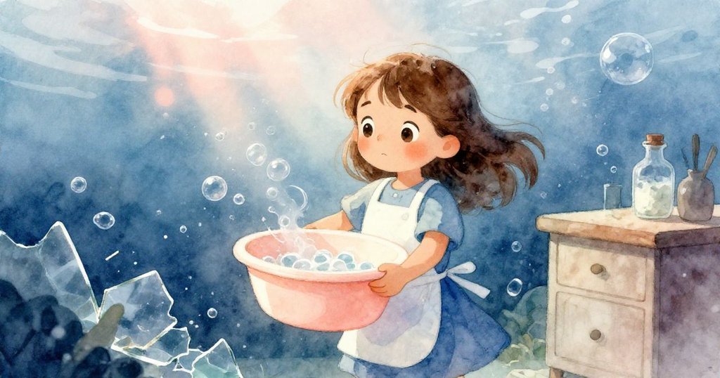 皮婭靈活應對突發狀況，搬運著溫熱滅菌盆，周邊散落破裂玻璃，在柔和燈光中展現堅毅與靈巧。