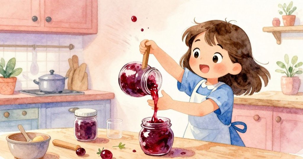 皮婭充滿活力地倒入濃稠果醬，動作流暢自信，廚房中亮麗光影映出她精心調整配方的決心。