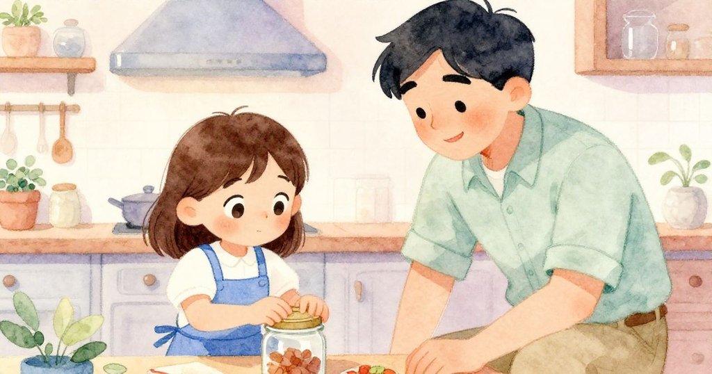 皮婭輕柔地為完成的果醬罐覆蓋瓶蓋，菲力克斯滿懷欣慰擦拭鏡片，兩人共享廚房裡溫暖成功的瞬間。