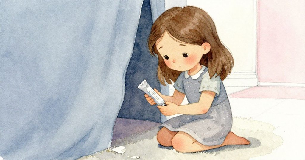 Tess蹲在地毯缺口前，比較管狀物，眼神專注流露出強烈好奇心