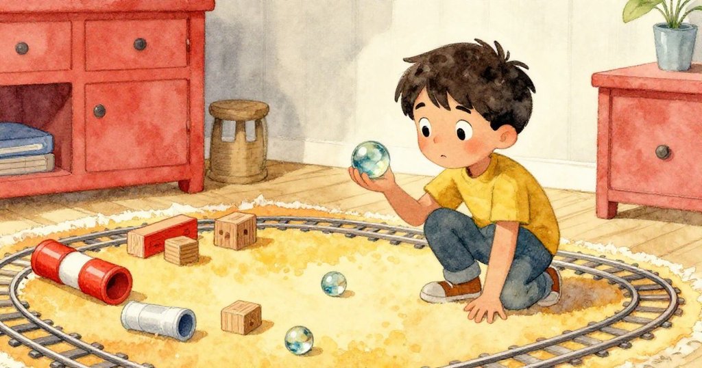 Axel蹲在側邊手握溫暖玻璃彈珠，背景中管子、膠帶與木塊組成生動跑道，氣氛充滿創意