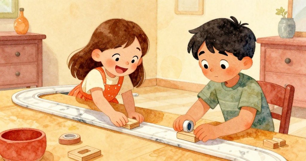 Axel帶著淘氣笑容重新接上連接器，Tess專注調整彈珠跑道，兩人合作展現創意與堅持