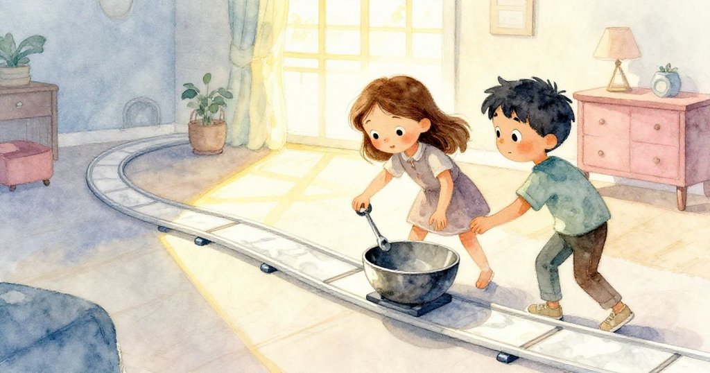 彈珠快速飛出書架，撞擊金屬碗發出清脆聲響，Tess輕推碗邊，象徵創作成功與堅持