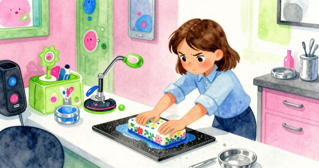 瑟雅在斜向視角的工作台前操作濕潤泡沫,表情專注,背景有桶與工具,故事開端氛圍充滿活力。