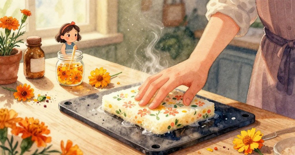 瑟雅輕撫有裂痕的向日葵莖泡沫,細節清晰呈現工作堅持與精巧觸感,象徵著不完美之美。