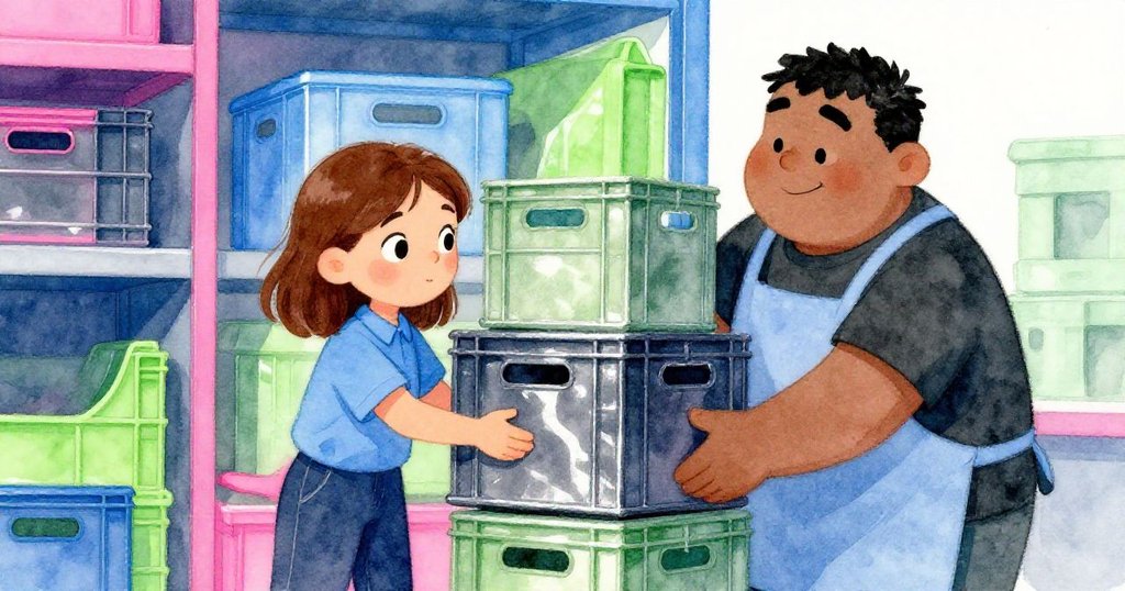 奧斯卡與瑟雅在冷卻室內合作堆箱,室內散發薄霧涼意,動作協調展現季節感和團隊精神。