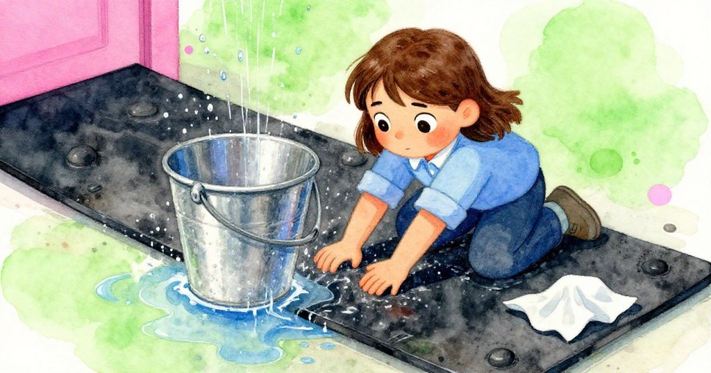 瑟雅迅速將水桶滑至滴水處,聚焦於水流與紙巾交替,動作精準展現因果環節,現場氣氛緊湊。