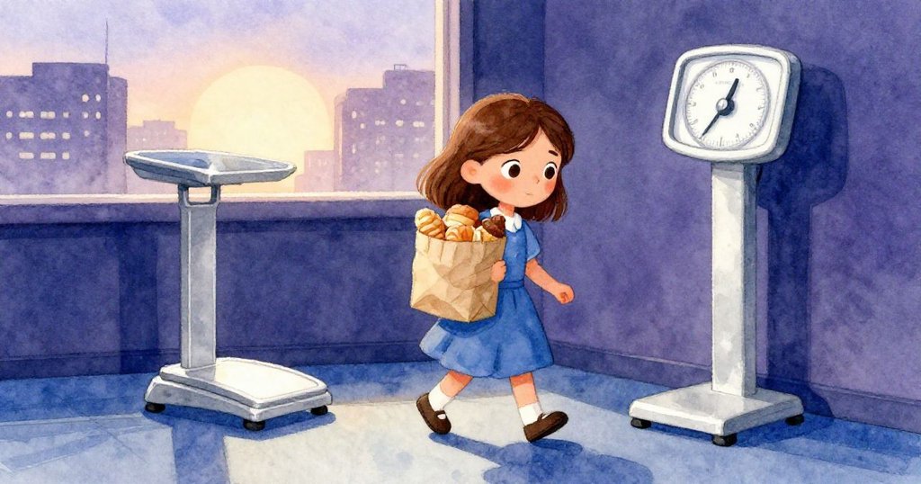 Zara帶著麵包店點心的紙袋走向藍色地板上的包裹秤，在晨曦中邁步，臉上流露期待與堅定神情，背景隱約有城市輪廓。