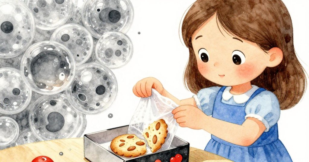 Zara專注地拆開包裝泡泡紙，露出杏仁餅乾的一片，雙手細緻動作展現追求精準的情感，背景顯得簡約。