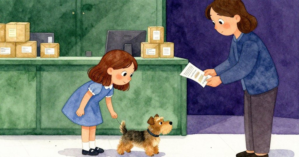 一隻頑皮的小狗拉扯Zara的小腿，Iris在現代櫃台前默遞宣傳冊，三者互動中流露出微妙溫情與焦慮。