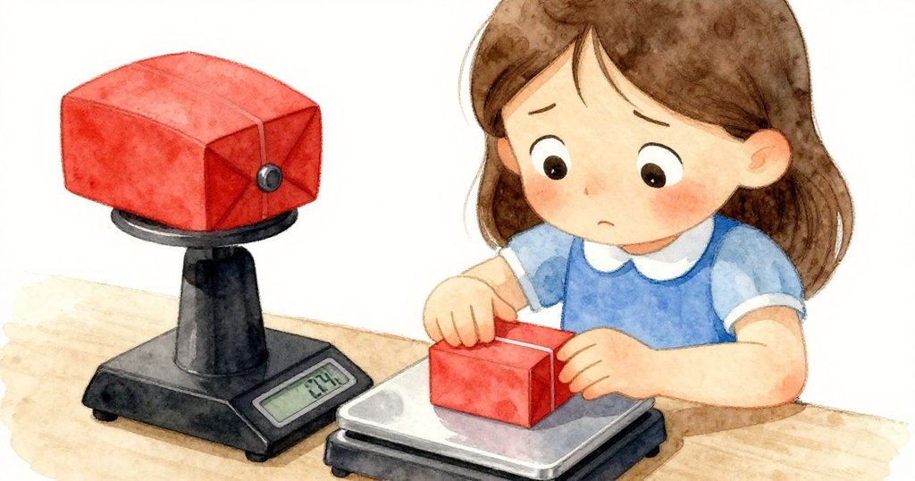 Zara專注而略顯憂慮地按下包裹秤蓋子，畫面聚焦其細緻手部動作和內心掙扎，背景朦朧襯托緊張氣氛。