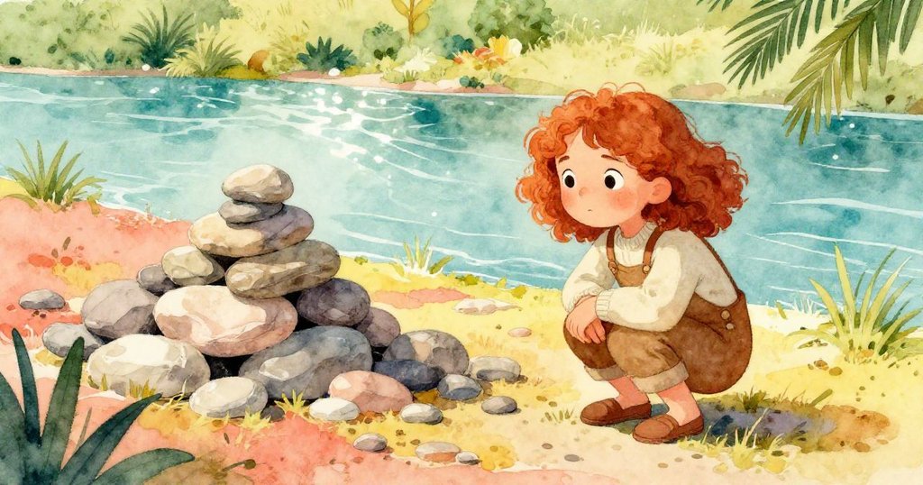 Hazel蹲在乾石堆旁的河邊,手觸摸著石頭,陽光灑落環境中充滿好奇與專注的情感