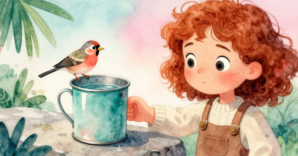 Hazel小心持著錫杯,水滴落在手腕上,樹雀停在杯緣,展現出自然細膩溫暖情景