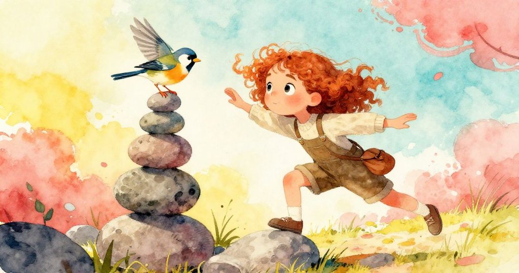 Hazel在傾斜視角中平衡石頭塔,樹雀振翅掠過她的髮梢,展現緊張與美妙的動作瞬間