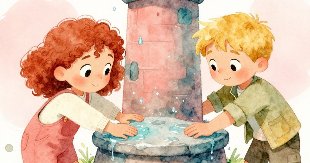 Hazel和Grant合力按壓濕潤石板於塔基上,水花閃爍,合作中流露出堅定與默契