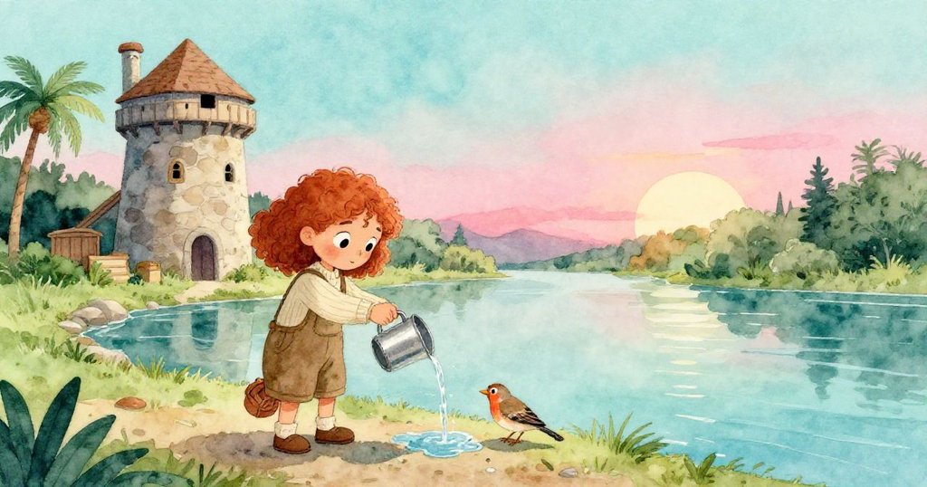 Hazel站在遠處緩慢倒水進杯中,穩固石塔與樹雀飲水,環境寧靜祥和充滿完成感