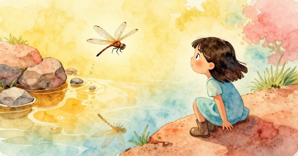 Vera站在暖色黏土懸崖邊凝望倒影,旁邊蜻蜓輕掠水面,環境自然溫暖,充滿神奇魅力。