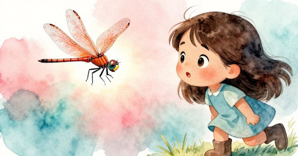 Vera凝視著蜻蜓,臉上充滿驚喜神情,細節特寫表現出夕陽光輝和自然奇蹟。