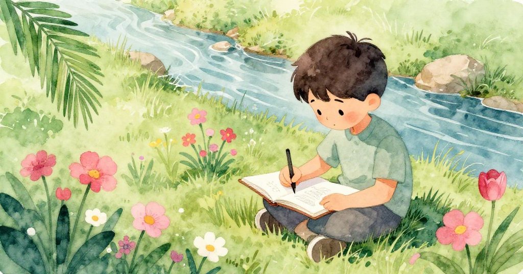 Heath從高處俯視環境,專心畫著野花與溪流,周圍寧靜而富有生機,呈現自然之美。