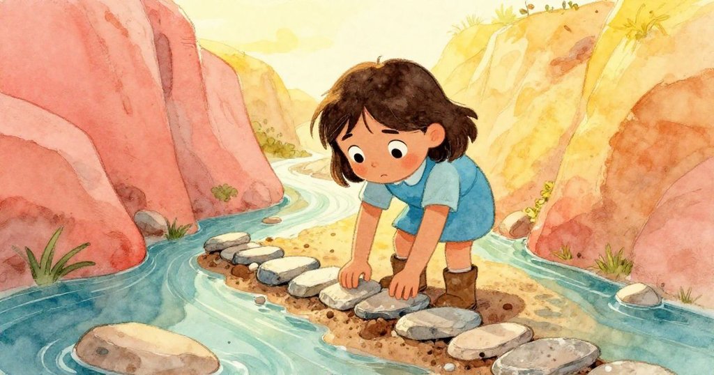 Vera在夕陽餘暉中精心堆砌石板與黏土,動作堅定,環境溫暖,展現創造與執着精神。