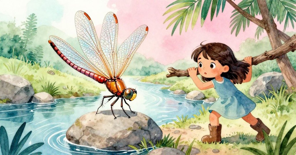 蜻蜓煥新羽翼在石上躍動,Vera用樹枝穩固石牆,動態場景充滿希望與力量,呈現自然奇蹟。