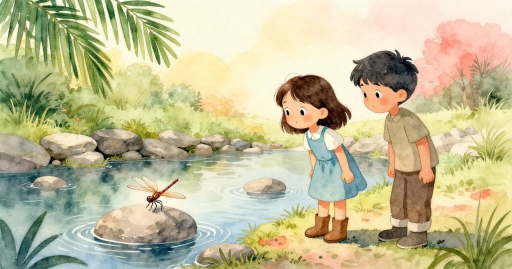 夕陽下,Vera與Heath並肩欣賞平靜水池與堤壩,蜻蜓安然棲息,環境寧靜溫暖,故事圓滿落幕。