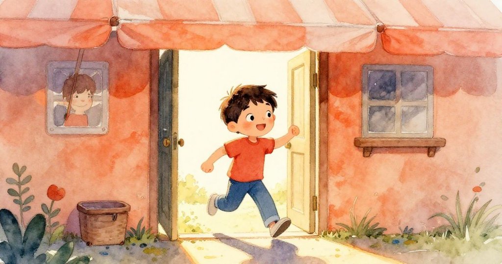 特洛伊充滿期待地走進畫面，背景有溫暖的帆布遮篷與線條簡約的畫板，故事開端充滿好奇與冒險。