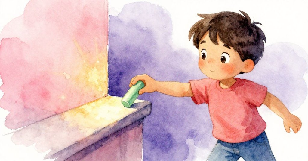 特洛伊小心翼翼捏住即將掉落的綠色粉筆，畫面中精緻捕捉動作與象徵意義，發展冒險氛圍。