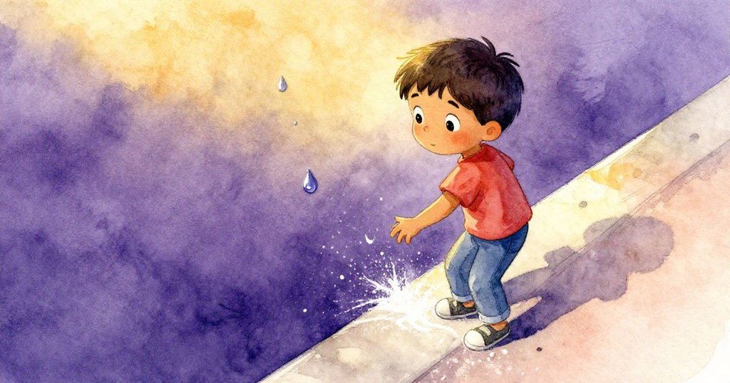 從高處俯瞰，特洛伊踮腳觀察板上水滴滑落與粉筆塵聚集，情節進入高潮，展現創造與探索精神。