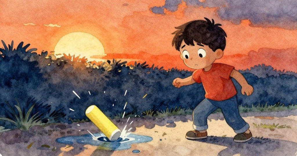 劇烈瞬間中，特洛伊驚訝目光追隨黃色粉筆跌入水潭，水花四濺，高潮情節引人入勝。