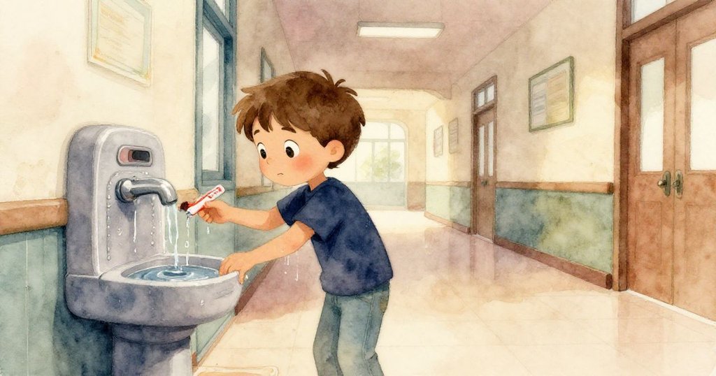 拉爾斯在學校走廊靠近飲水機，手握著紙杯，露出專注表情，背景燈光溫暖且紅膠帶清晰標示。