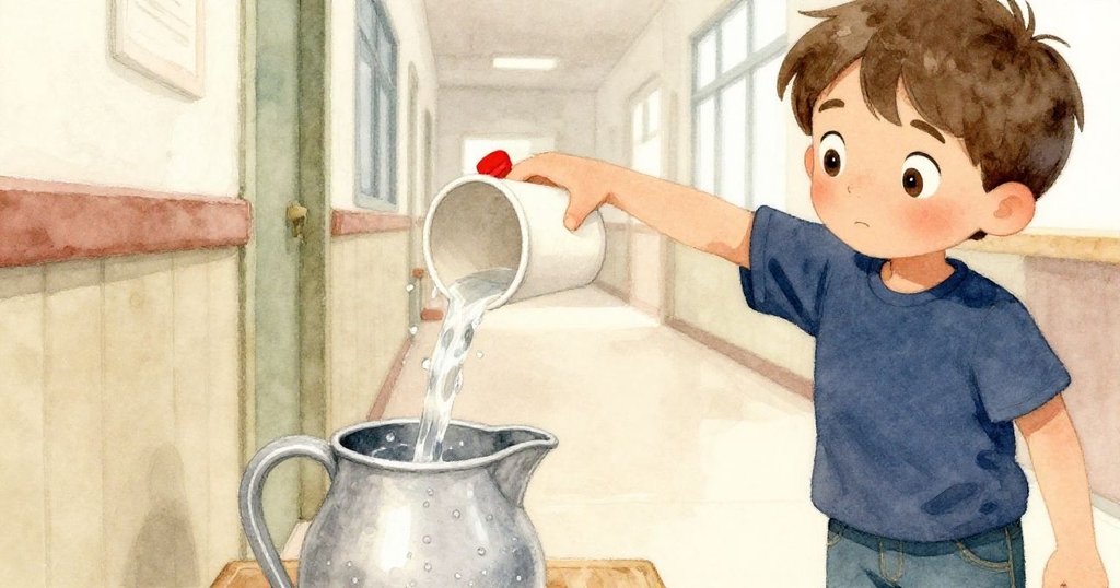 拉爾斯專注地倒水，手上水珠閃耀，紅膠帶標示清楚，背景呈現溫暖走廊燈光與細緻物件。