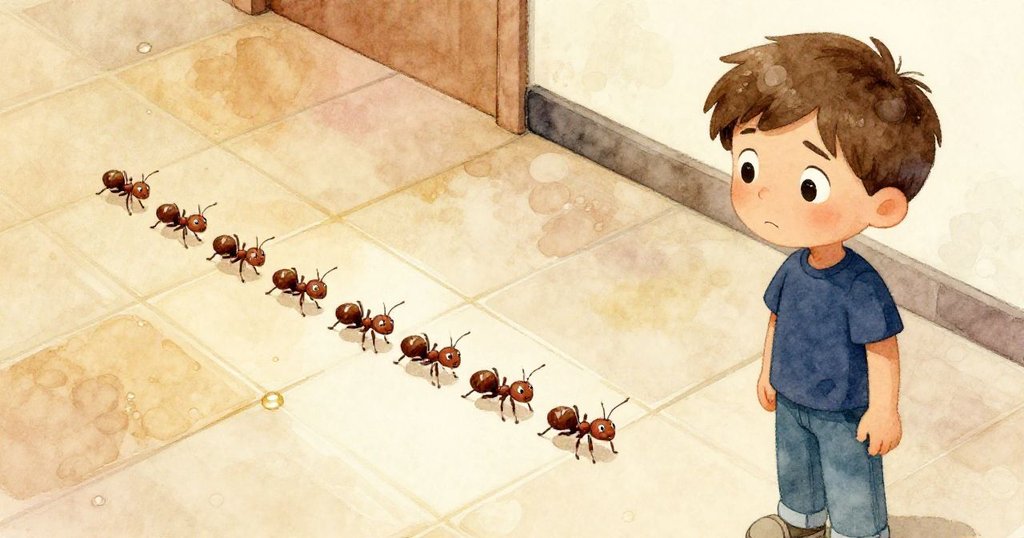 拉爾斯從高角俯視濕潤金色地磚，見螞蟻排成細線爬行，神情略帶擔憂，環境細節豐富。