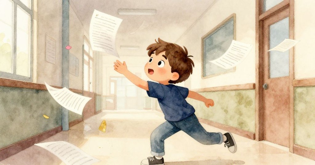 拉爾斯急速奔向飛散的試卷，用手掌穩住頂層紙張，神情堅定，場景展現學校走廊內緊張時刻。