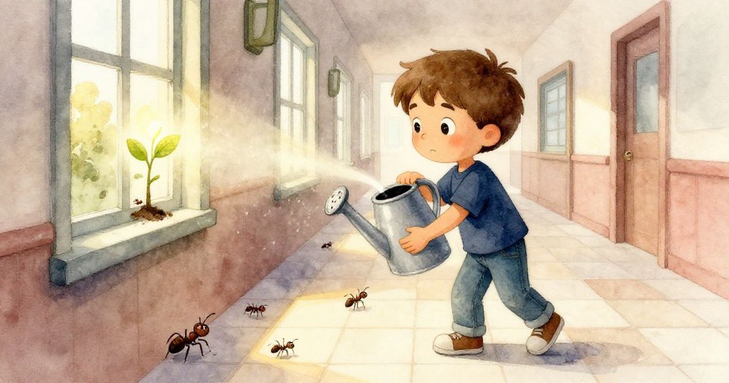 拉爾斯站在窗邊，端水澆灌發光幼樹，地磚上螞蟻緩行，面露滿足微笑，氛圍溫馨平和。