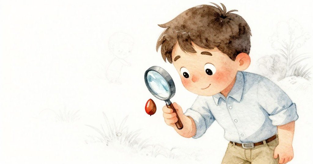 布拉姆近距離聚焦，用放大鏡仔細觀察一顆微小種子，神情專注，畫面細緻，展現內心期待與精細檢查。