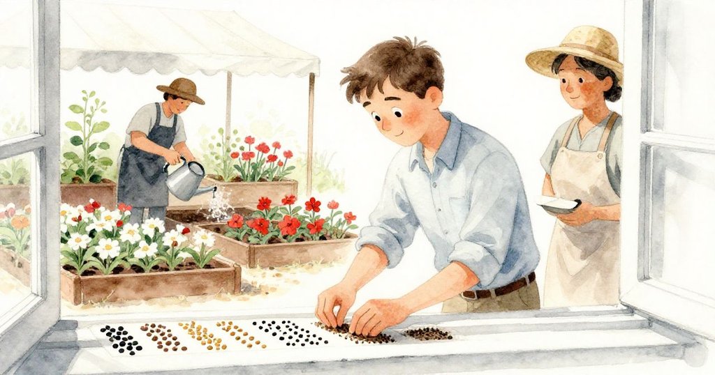 布拉姆在窗台前有條不紊地排列種子，背景中園丁在帆布帳篷下澆水，兩人各自忙碌，景深豐富，生氣盎然。