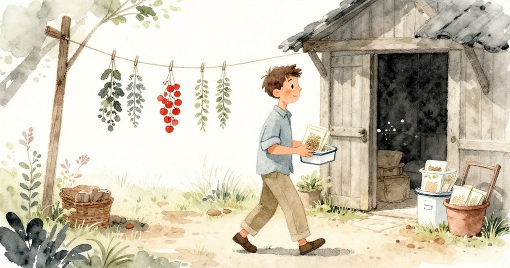 布拉姆穿越溫暖光影交錯的舊棚，手持種子包與琺瑯盒，背景中懸掛著香草，透露初夏氣息與溫馨節奏。