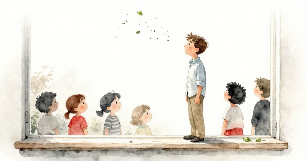 布拉姆回到窗邊，輕風拂過使幾粒羅勒種子四散，神情平和，彷彿完成一天精心耕耘，畫面充滿寧靜圓滿感。