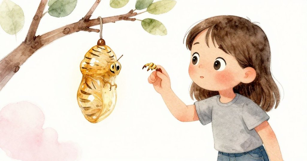 Sage 靠近觀察蜜蠟印記及附著樹枝上透明蝶蛹，神情好奇，畫面透出自然魔法感。