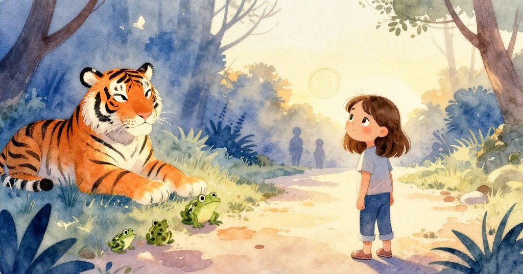 Sage 靜心檢查薄蜜蠟上老虎及青蛙印記，夕陽漸暗，背景隱現遊客身影，呈現時光流逝感。