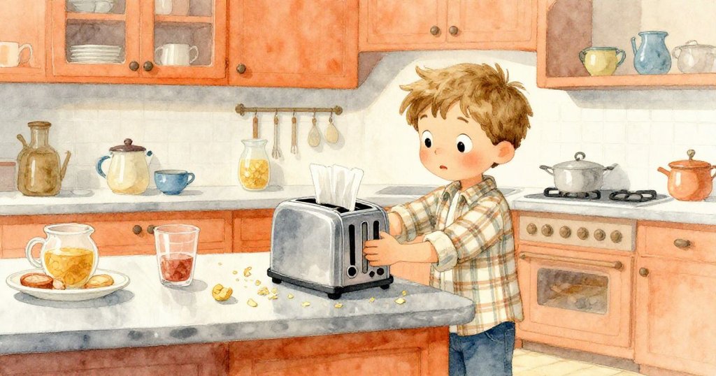 Finn在溫馨廚房中動作迅速地滑出吐司機碎屑盤,廚房台面上散布著淡灰色的麵包屑,充滿忙碌與期待。