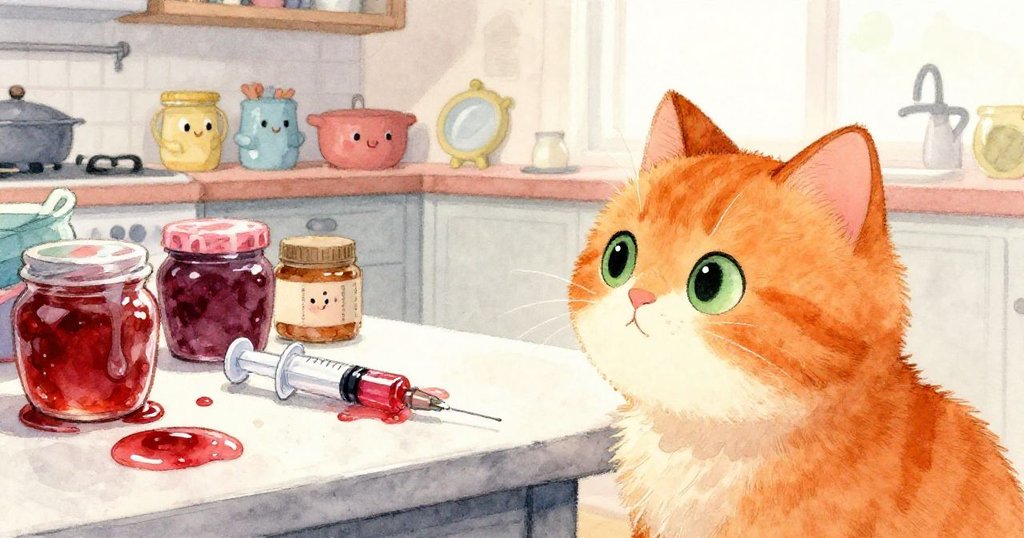 一隻圓潤橙貓好奇注視香草注射器在果醬罐間輕滾,廚房櫃檯上物品熙攘,充滿溫馨好奇感。