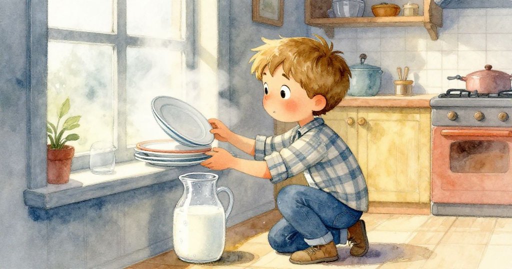 Finn蹲在霧氣繚繞的廚房窗邊,調整盤子與牛奶瓶凝露,廚房角落充滿過渡與微妙平衡感。