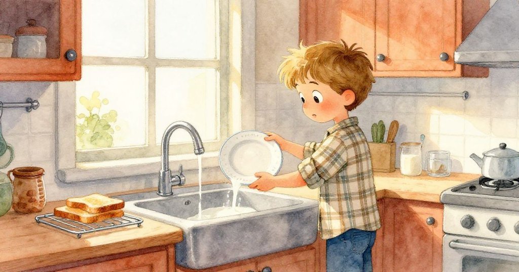 Finn帶著滿足微笑整理廚房,將牛奶倒入水槽,盤子置於窗邊,整個廚房在溫暖光線中安靜落幕。