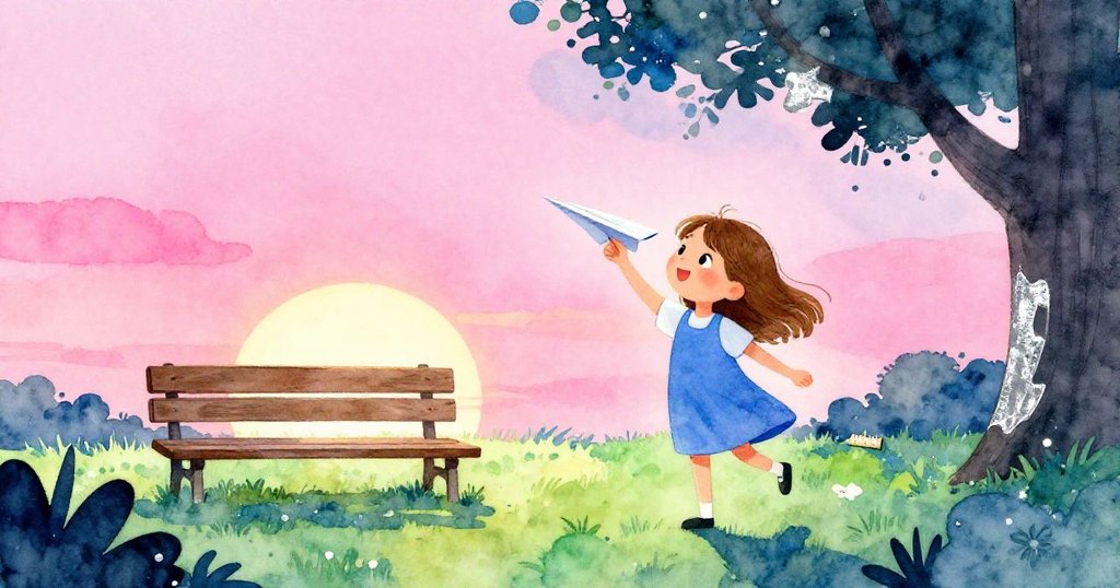 Joy 輕快地走向山丘起飛,手持紙飛機,背景有木製長椅和尺子,表情充滿期待