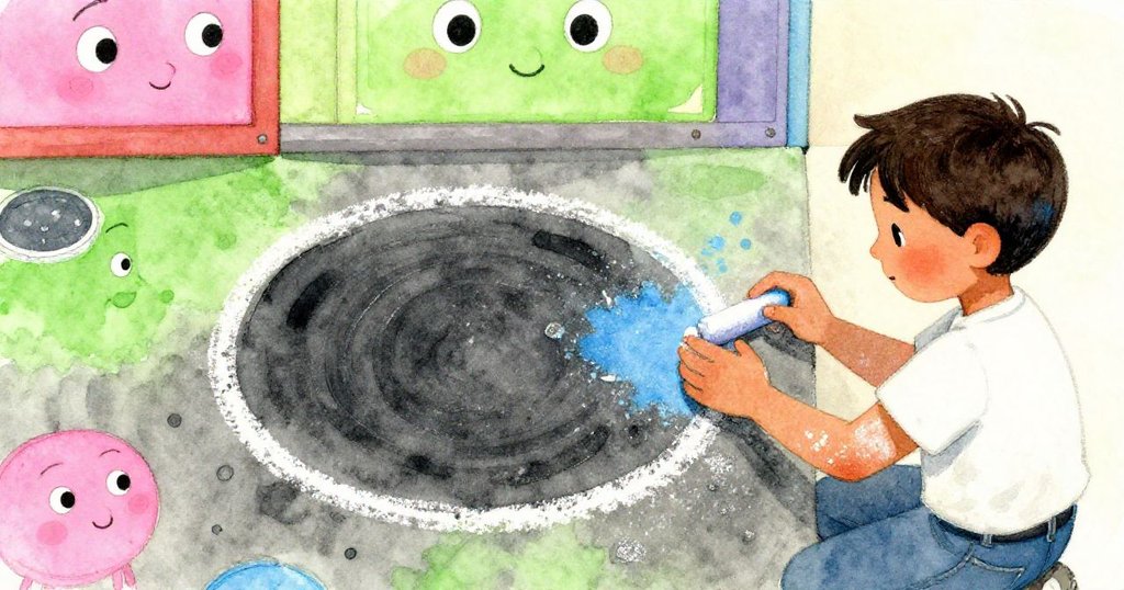 Glen 小心觸碰粉筆畫的白色圓圈,衣袖上有粉筆塵,展現精緻紋理和細緻情感